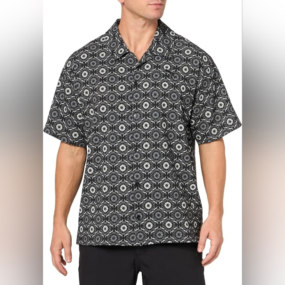 Puma Classics Prep Woven Shirt Mens Size XL Black White Short Sleeve Button AOP